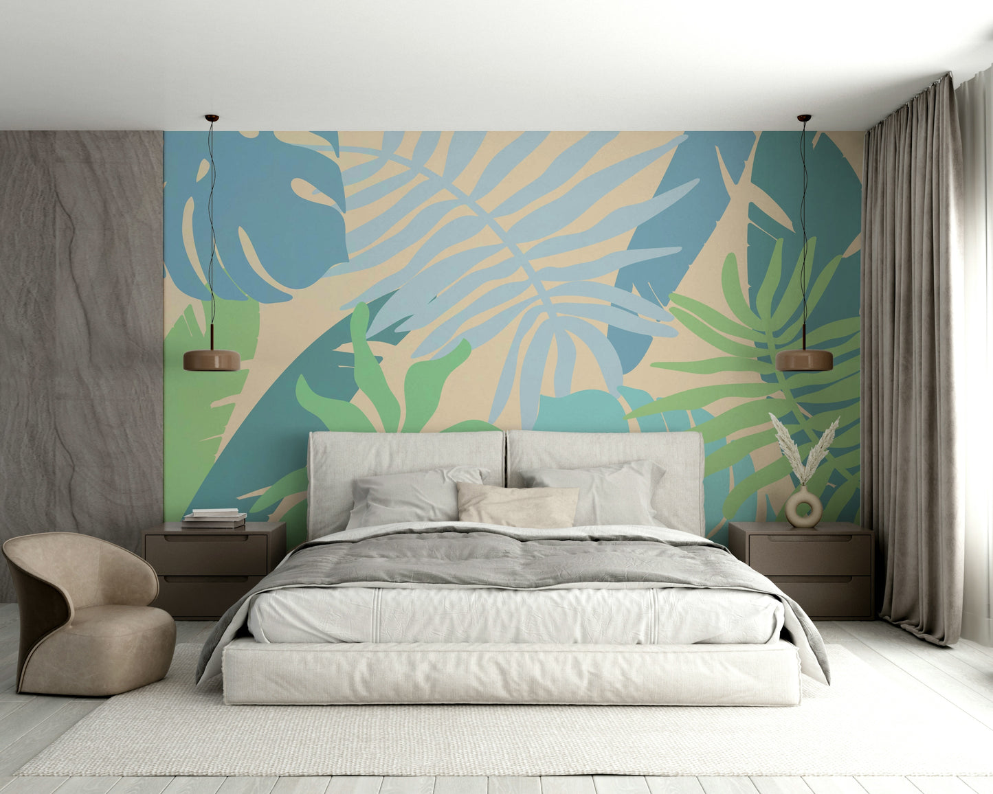A contemplative seaside leaf wallpaper mural for a feature wall.

