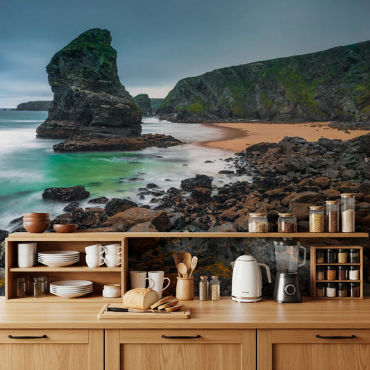 Kitchen space styled with Coastal Majesty Wall Mural and rugged shoreline view