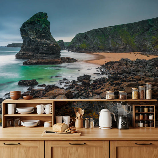 Kitchen space styled with Coastal Majesty Wall Mural and rugged shoreline view, GD8625