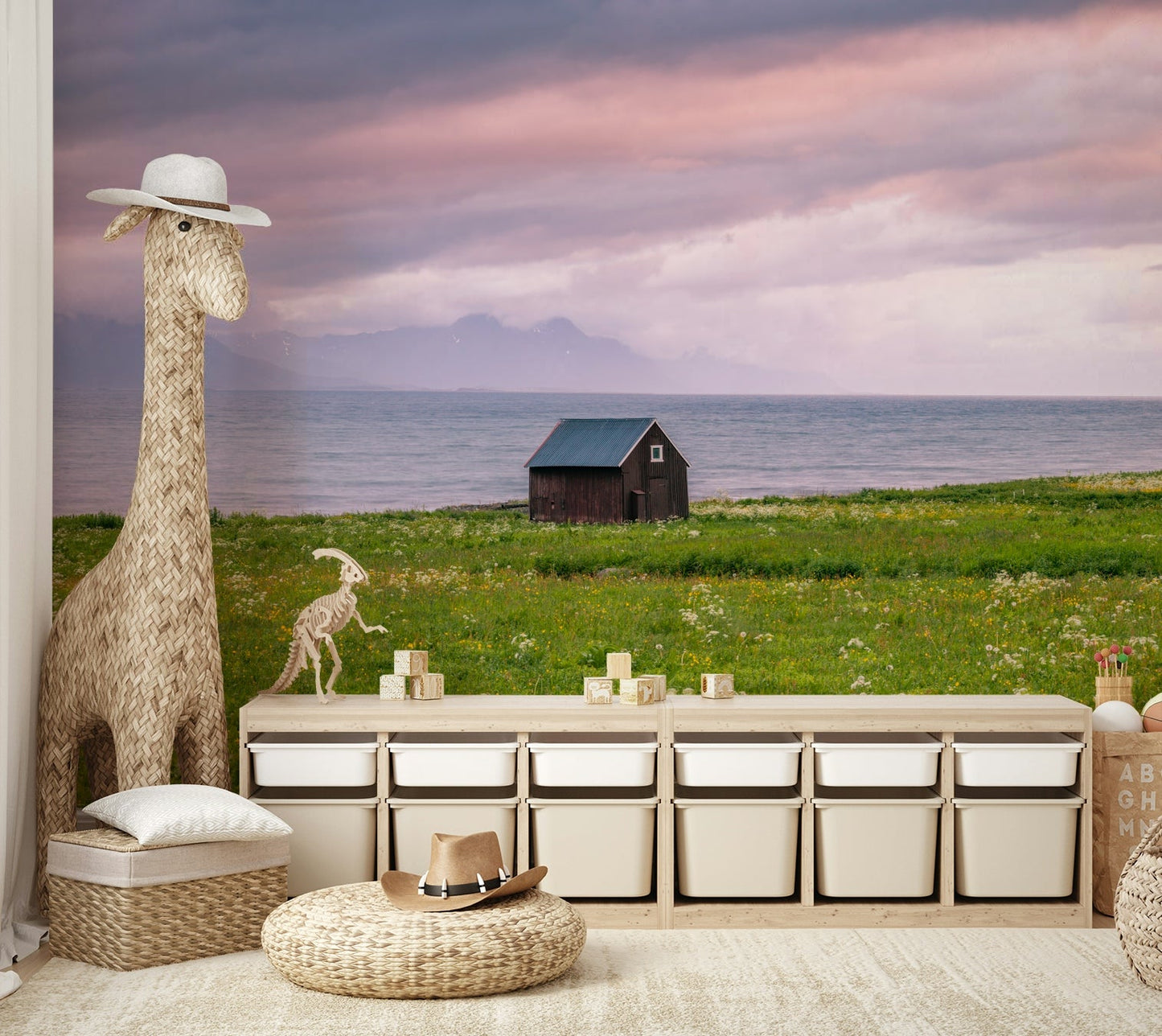 Tranquil hues of blue, green, and sand in this calming mural wallpaper

