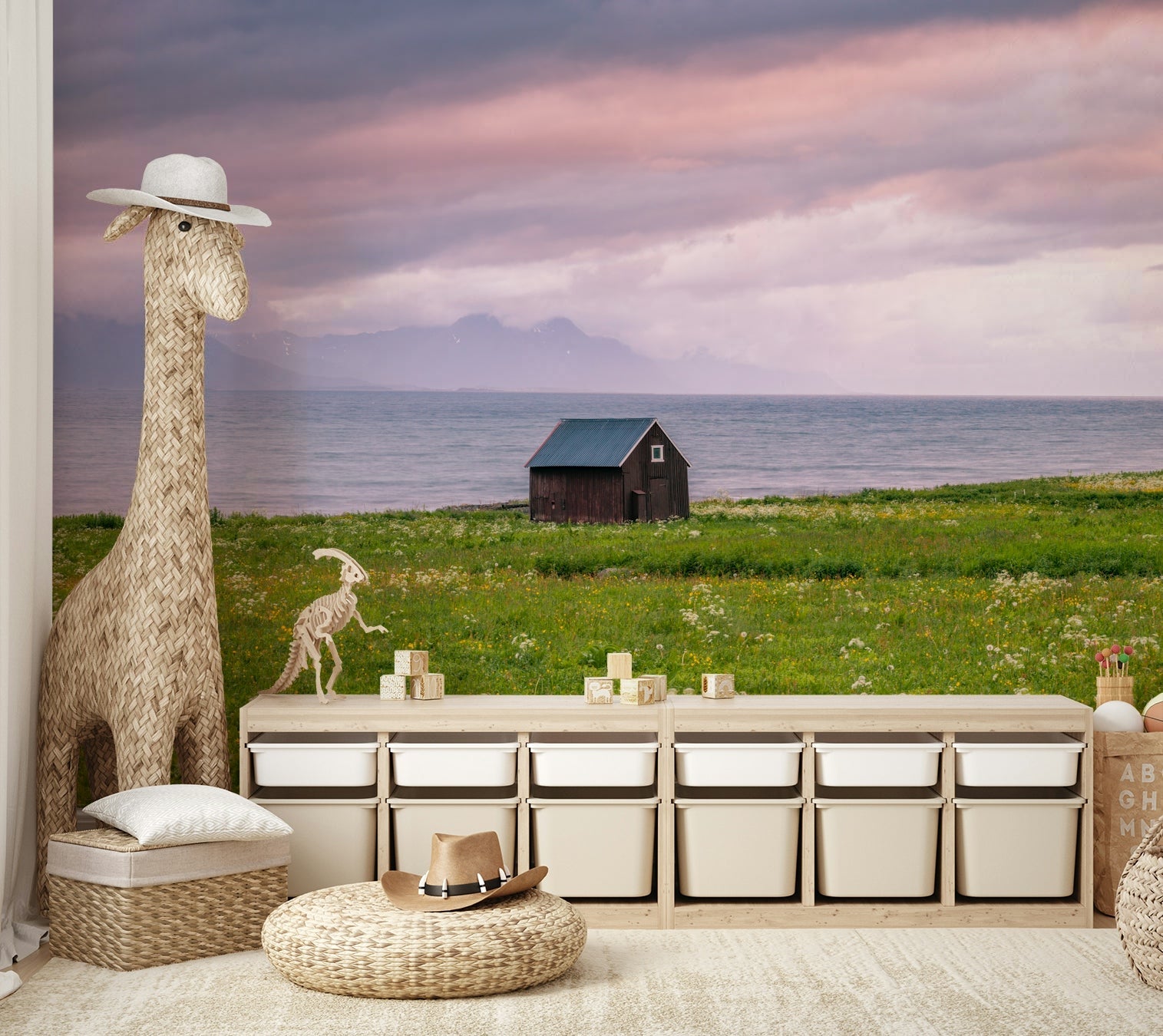 Tranquil hues of blue, green, and sand in this calming mural wallpaper

