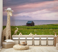 Tranquil hues of blue, green, and sand in this calming mural wallpaper

