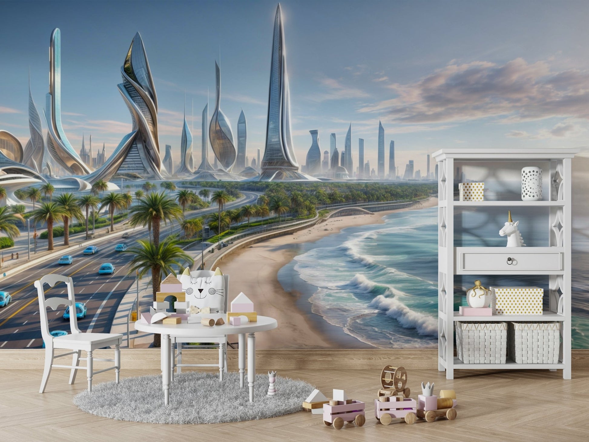 The colors are soft, muted tones of blue, green, and yellow.

