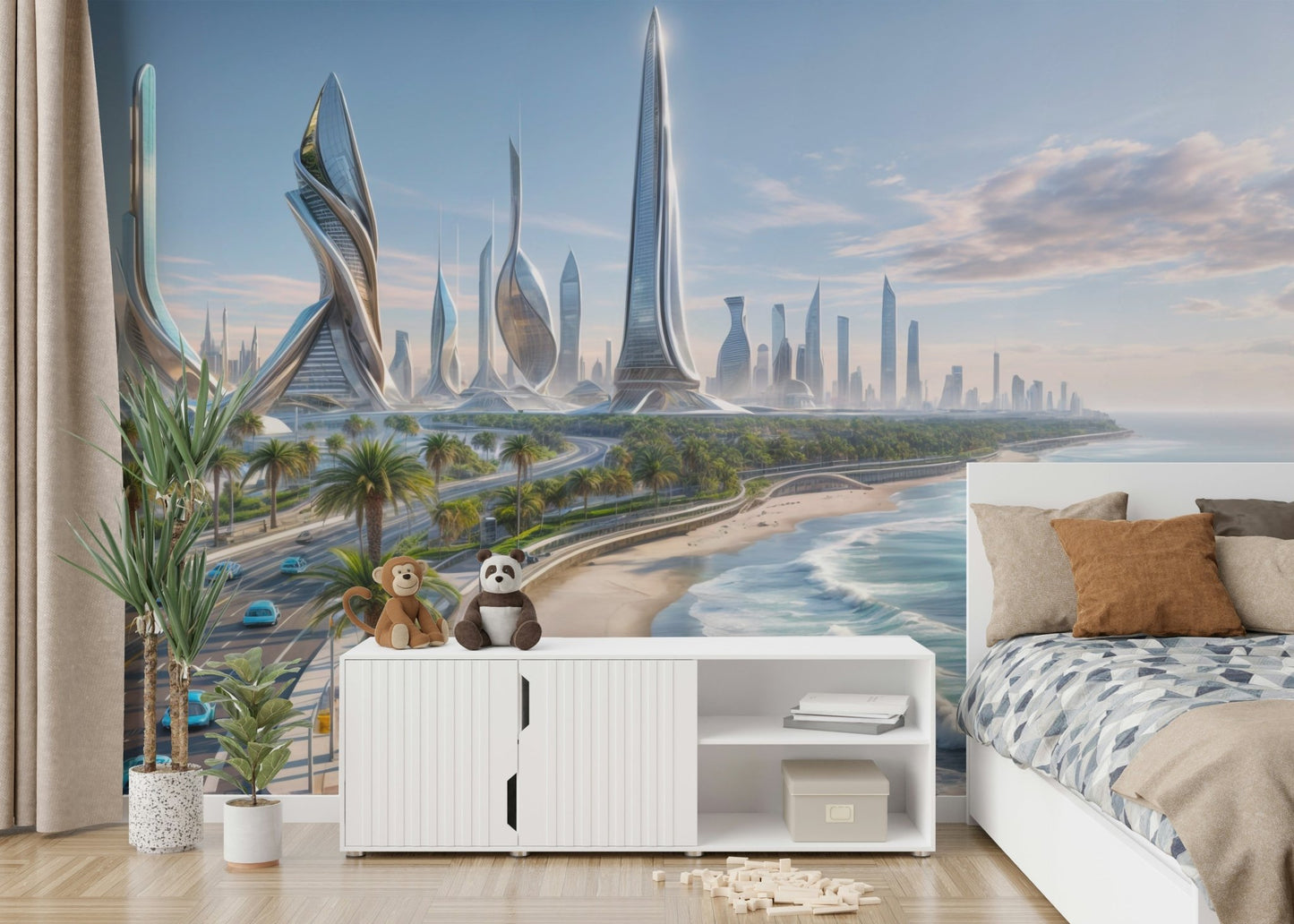 The image shows an artistic impression of a serene coastal metropolis with a soft, urban feel.

