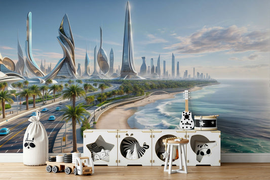 A wall mural of a peaceful coastal metropolis.

