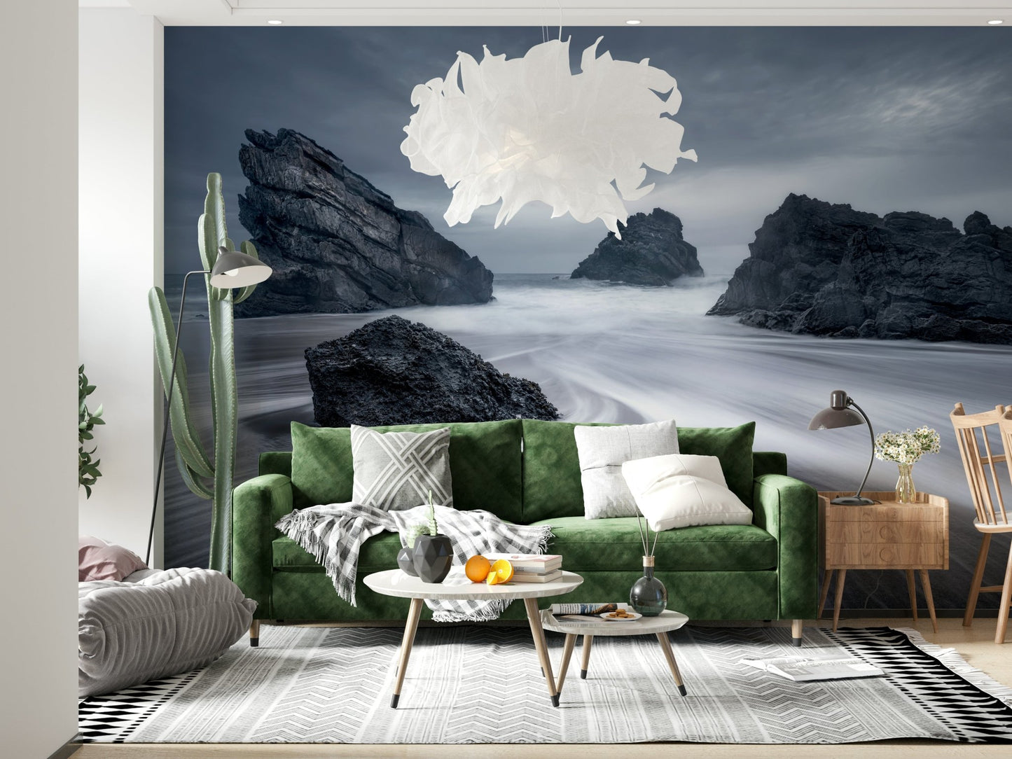 A peaceful modern abstract mural on decorative wallpaper.