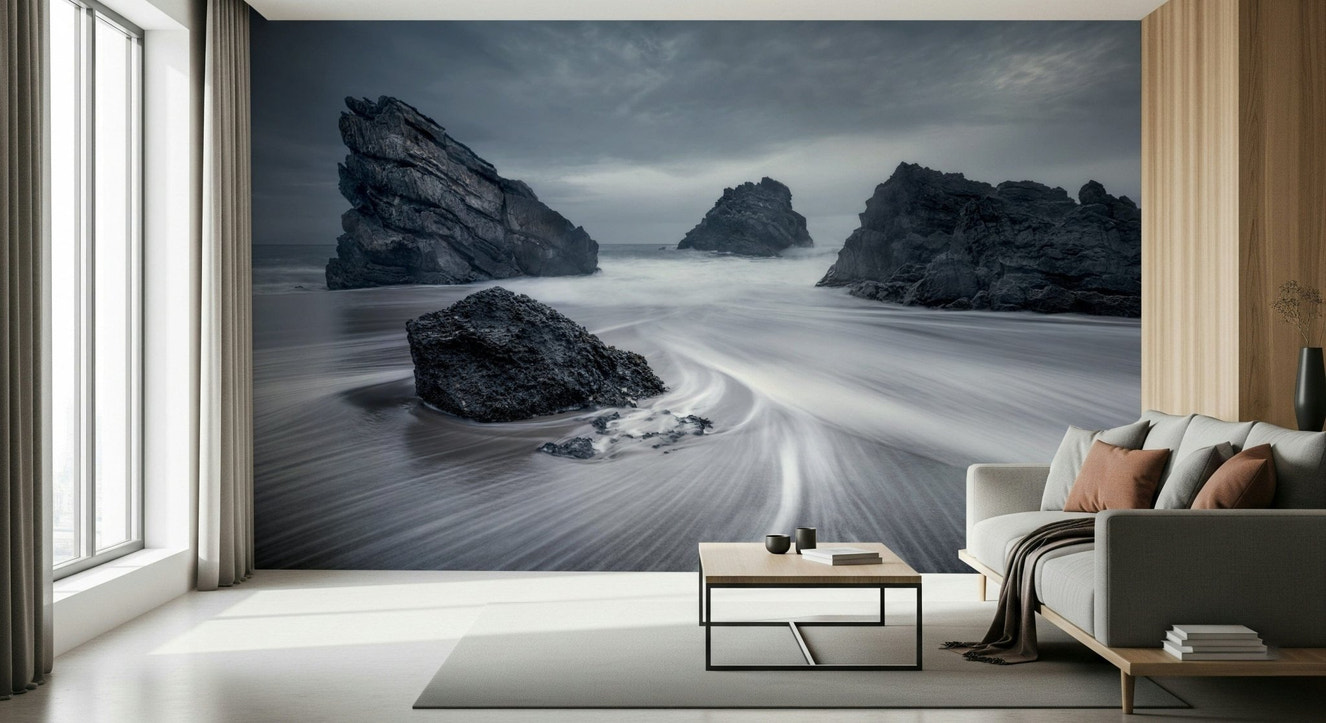 A beautiful abstract coastal wallpaper mural with monolithic, geometric shapes.