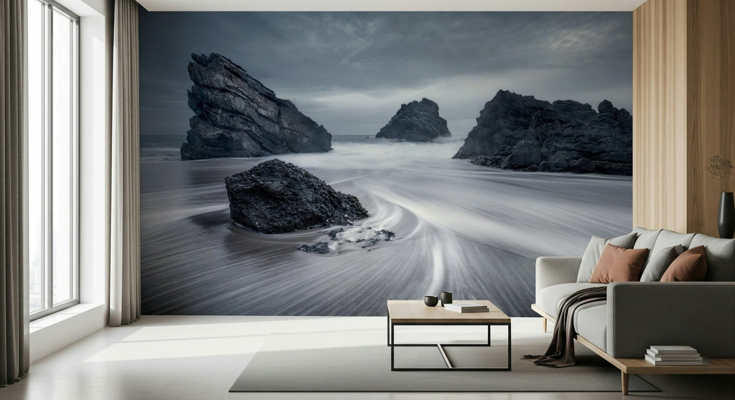 A beautiful abstract coastal wallpaper mural with monolithic, geometric shapes.