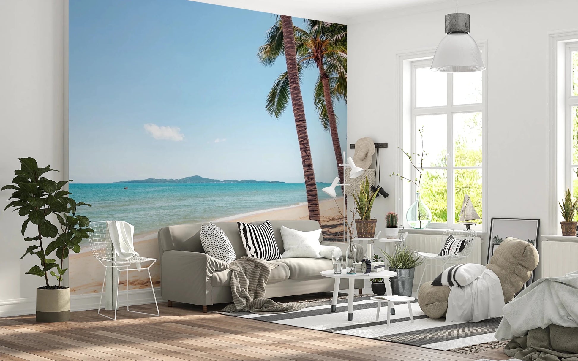 Open-plan sitting area with Coastal Palm Serenity Wall Mural facing bright blue water, GD8267