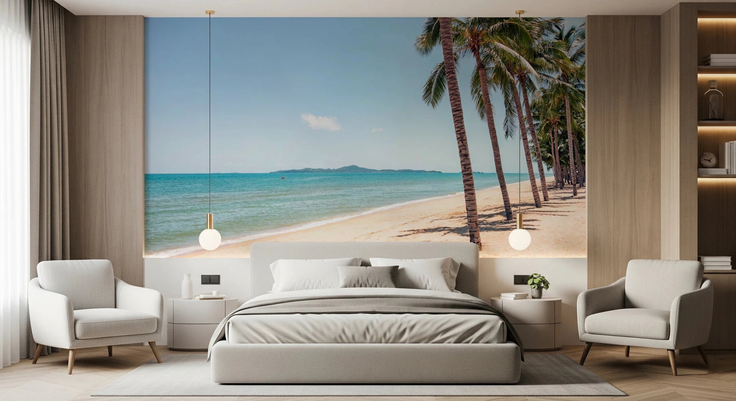 A breezy living scene featuring Coastal Palm Serenity Wall Mural and coastal palms, GD8267