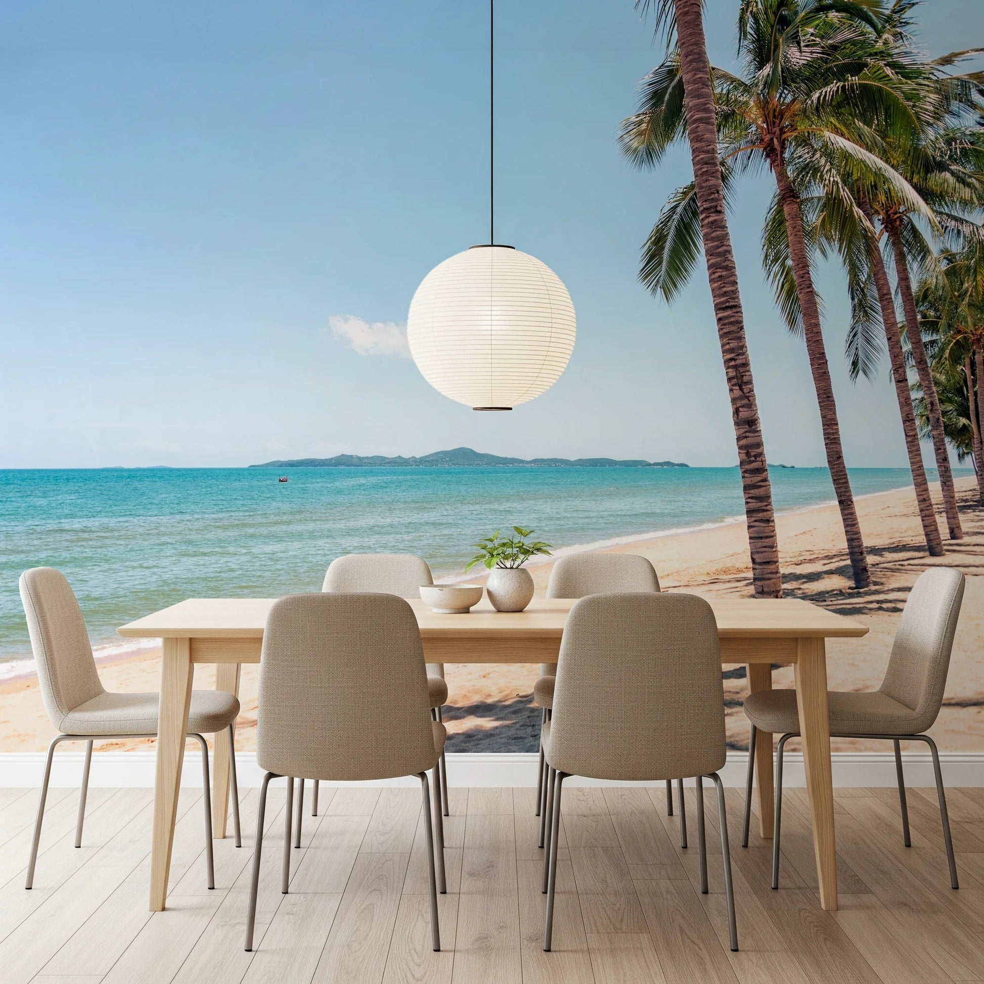 Coastal Palm Serenity Wall Mural framing a relaxed dining room with sunlit beach tones, GD8267