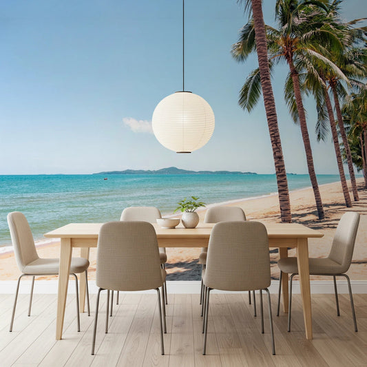 Coastal Palm Serenity Wall Mural framing a relaxed dining room with sunlit beach tones