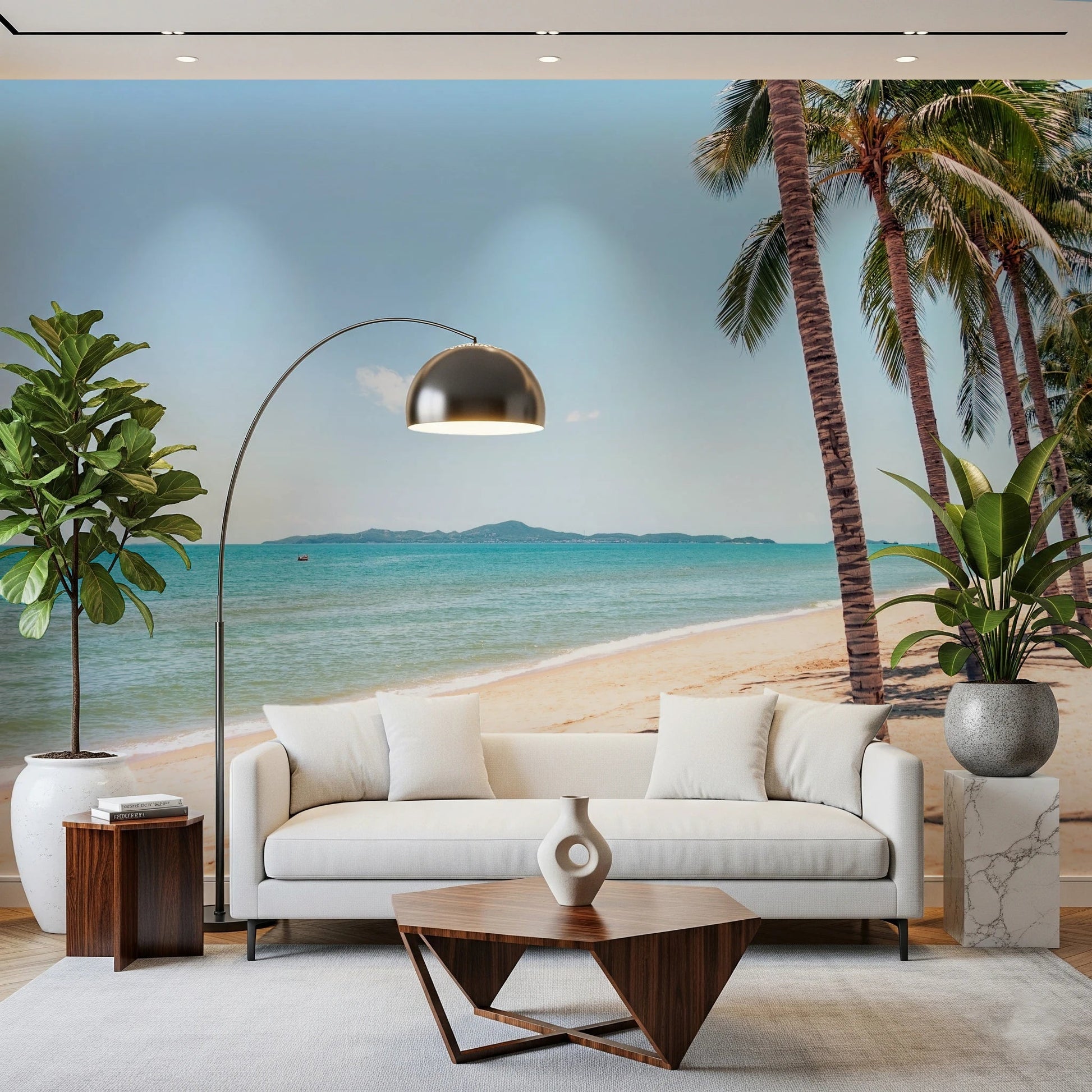Coastal Palm Serenity Wall Mural adding an airy seaside feel to the lounge corner, GD8267