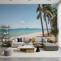 A clean modern living zone shaped around Coastal Palm Serenity Wall Mural scenery, GD8267