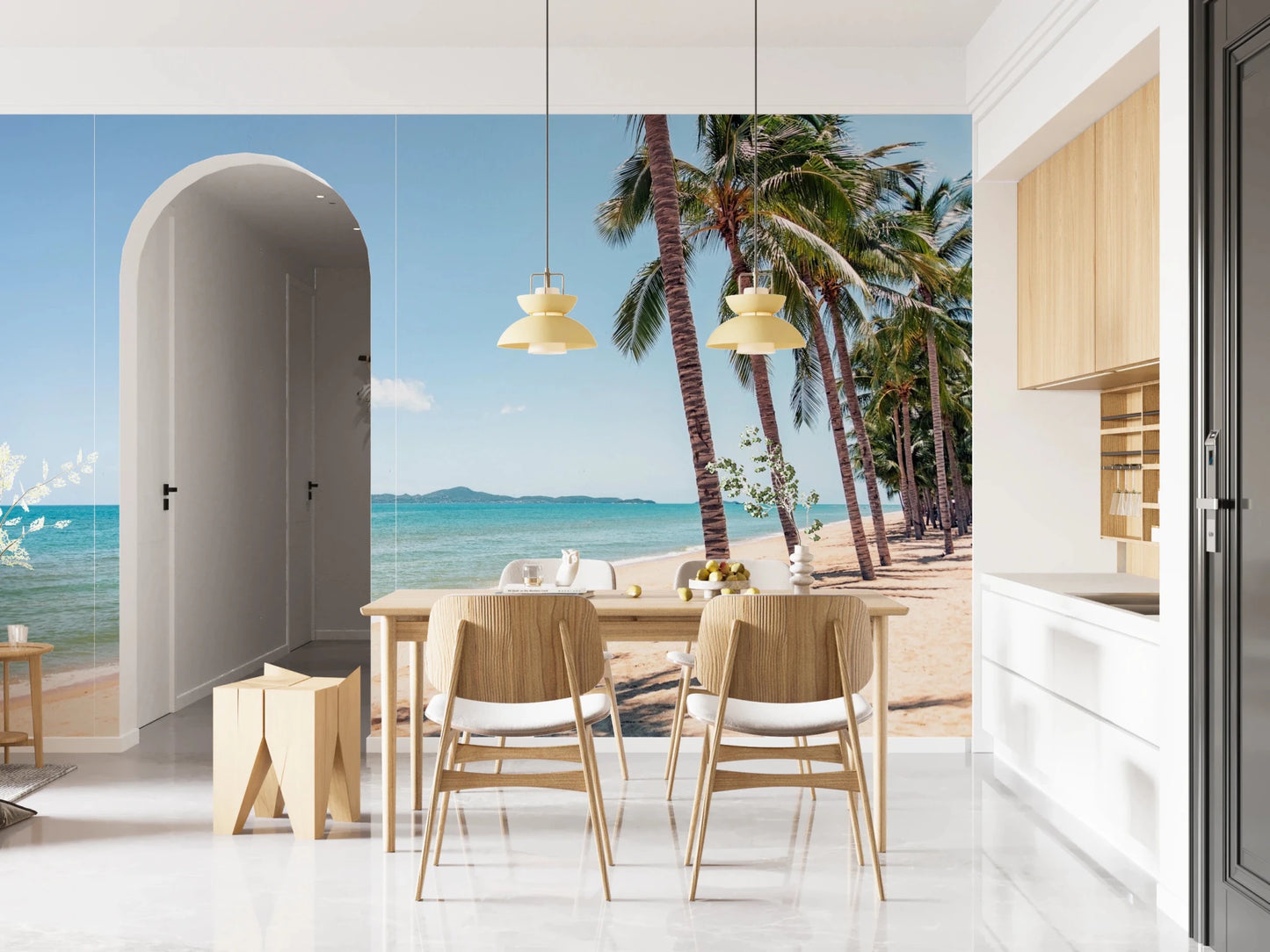 Palm-lined Coastal Palm Serenity Wall Mural bringing warmth into a kitchen dining nook, GD8267