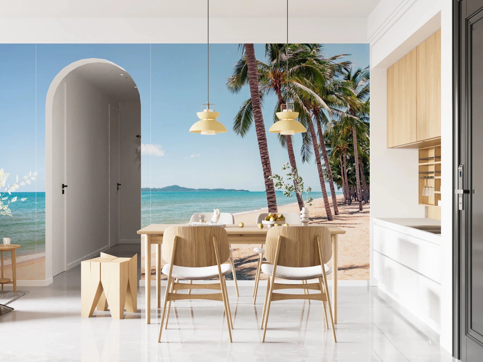 Palm-lined Coastal Palm Serenity Wall Mural bringing warmth into a kitchen dining nook, GD8267