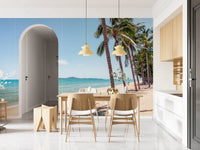 Palm-lined Coastal Palm Serenity Wall Mural bringing warmth into a kitchen dining nook, GD8267