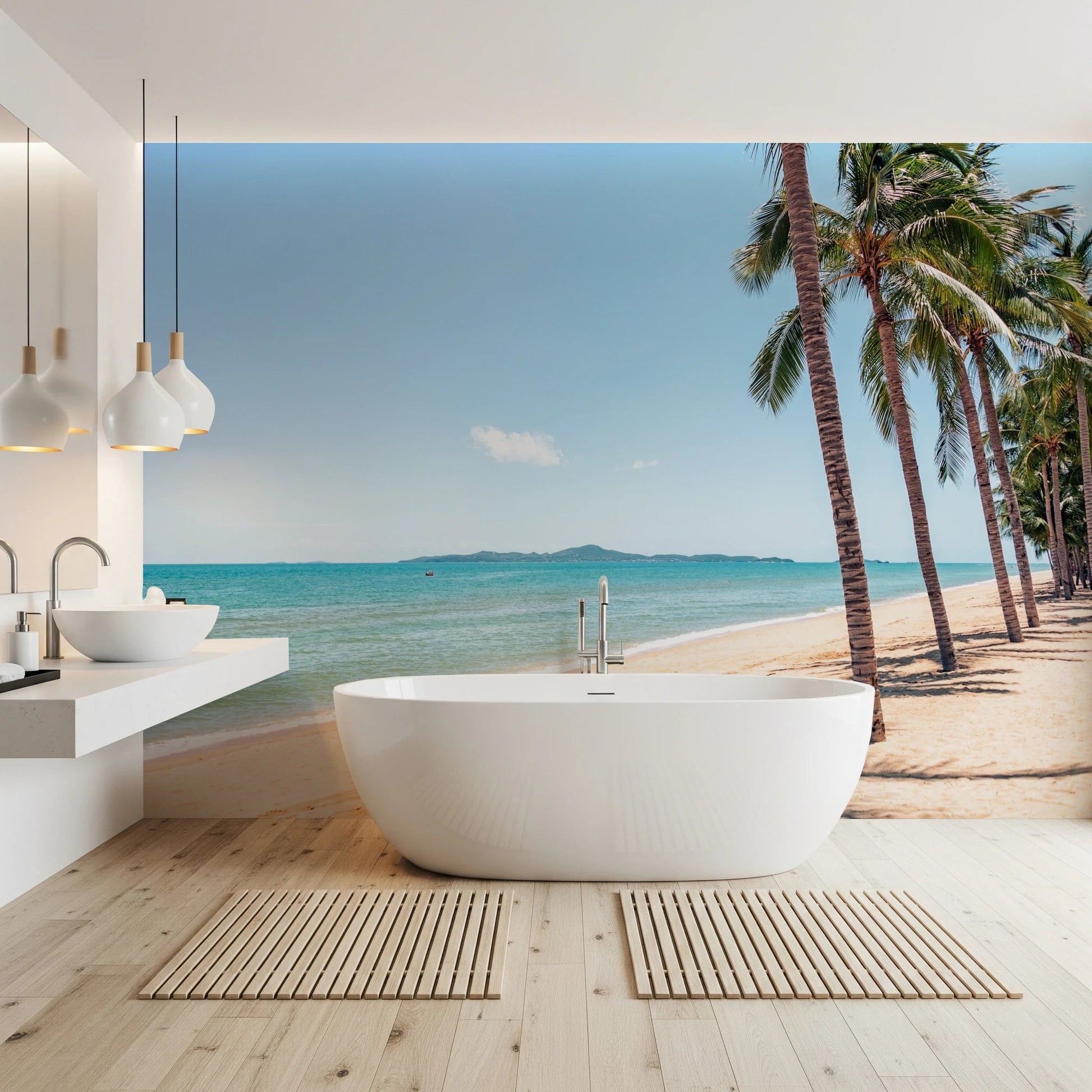 Freestanding bath area paired with Coastal Palm Serenity Wall Mural by the shoreline, GD8267