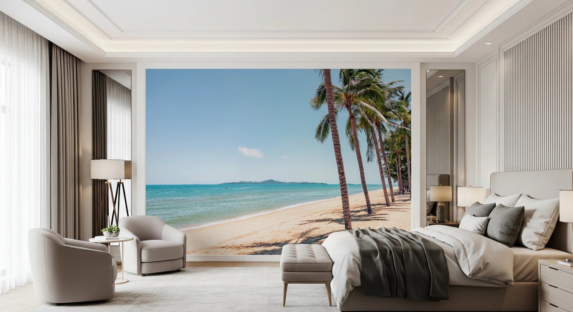 Coastal Palm Serenity Wall Mural set behind a restful bedroom with sandy tonal depth, GD8267