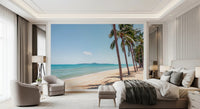 Coastal Palm Serenity Wall Mural set behind a restful bedroom with sandy tonal depth, GD8267