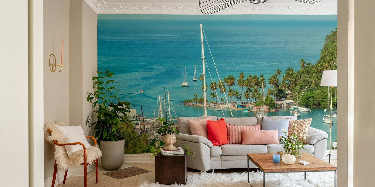 Serene beach mural with ocean horizon