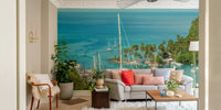 Serene beach mural with ocean horizon