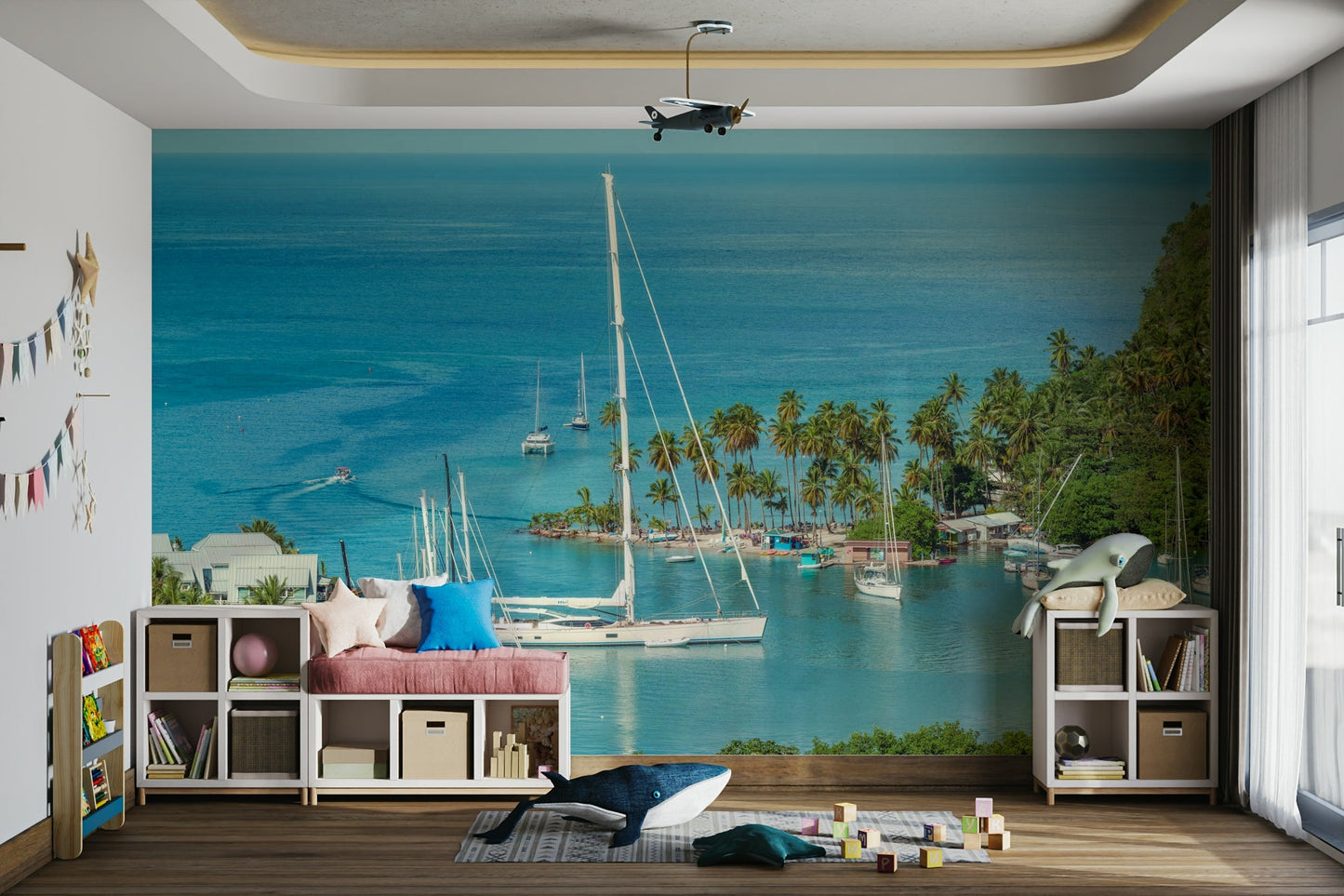 Coastal escape mural with palm trees