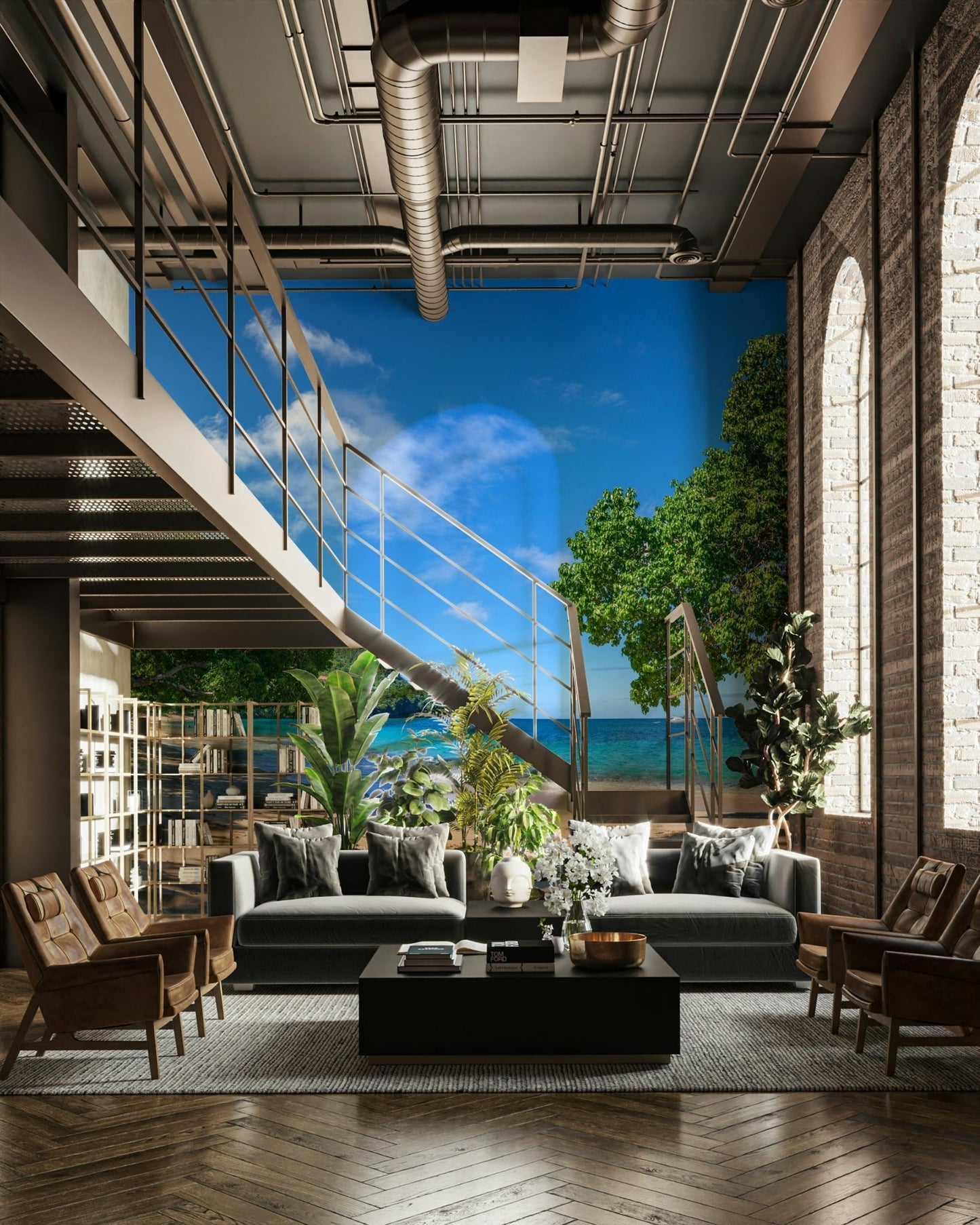 Peaceful coastal landscape mural
