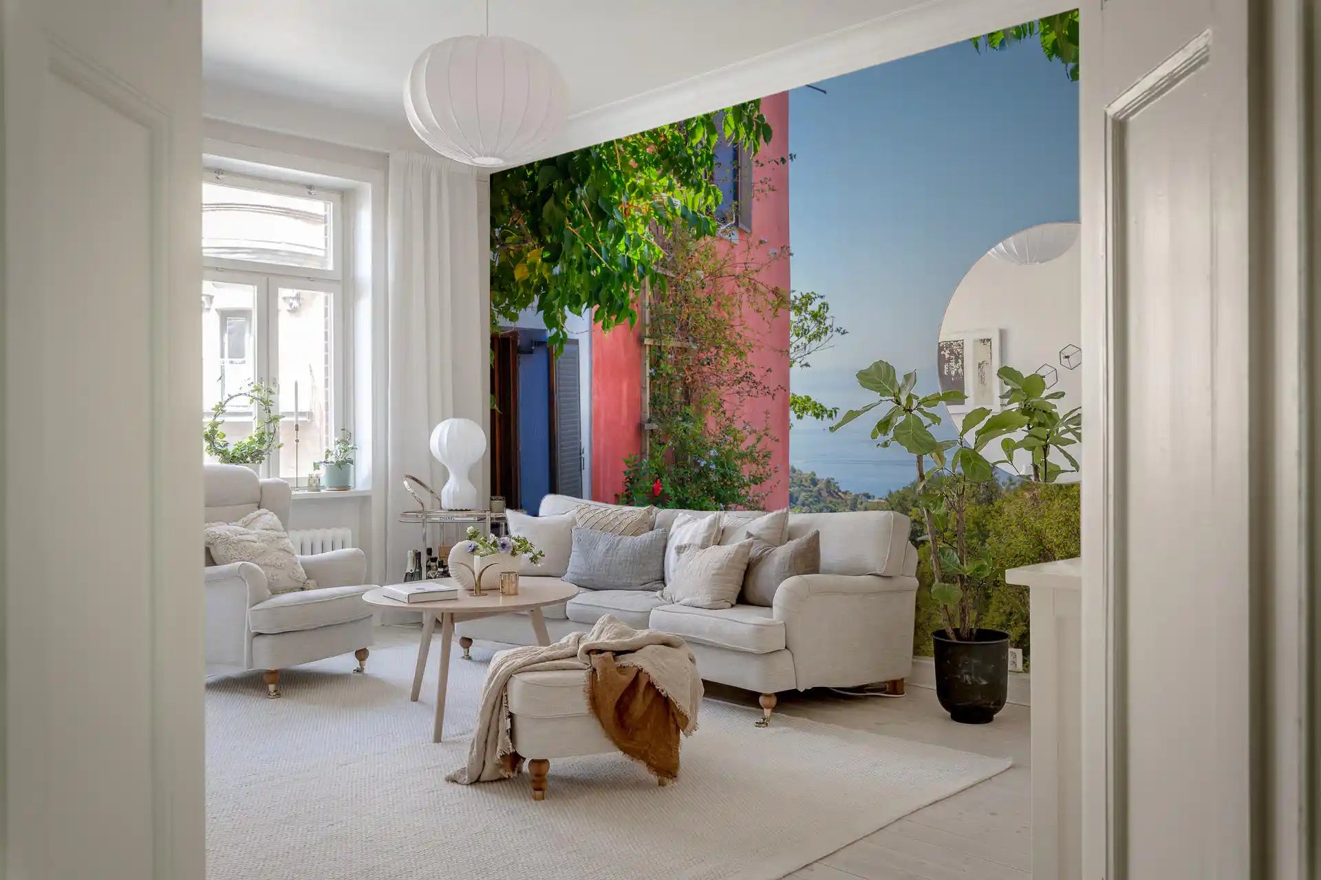 Bright lounge with Coastal Path Charm Wall Mural and soft Mediterranean tones, GD8892