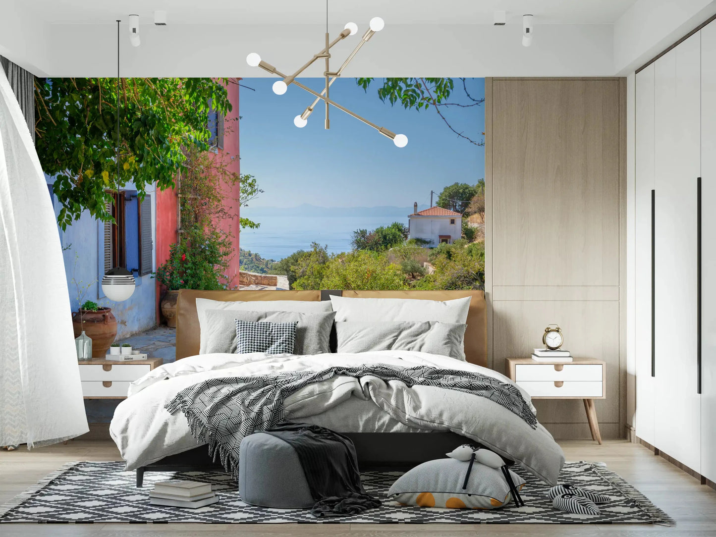 Cozy bedroom with Coastal Path Charm Wall Mural and a bright coastal outlook, GD8892