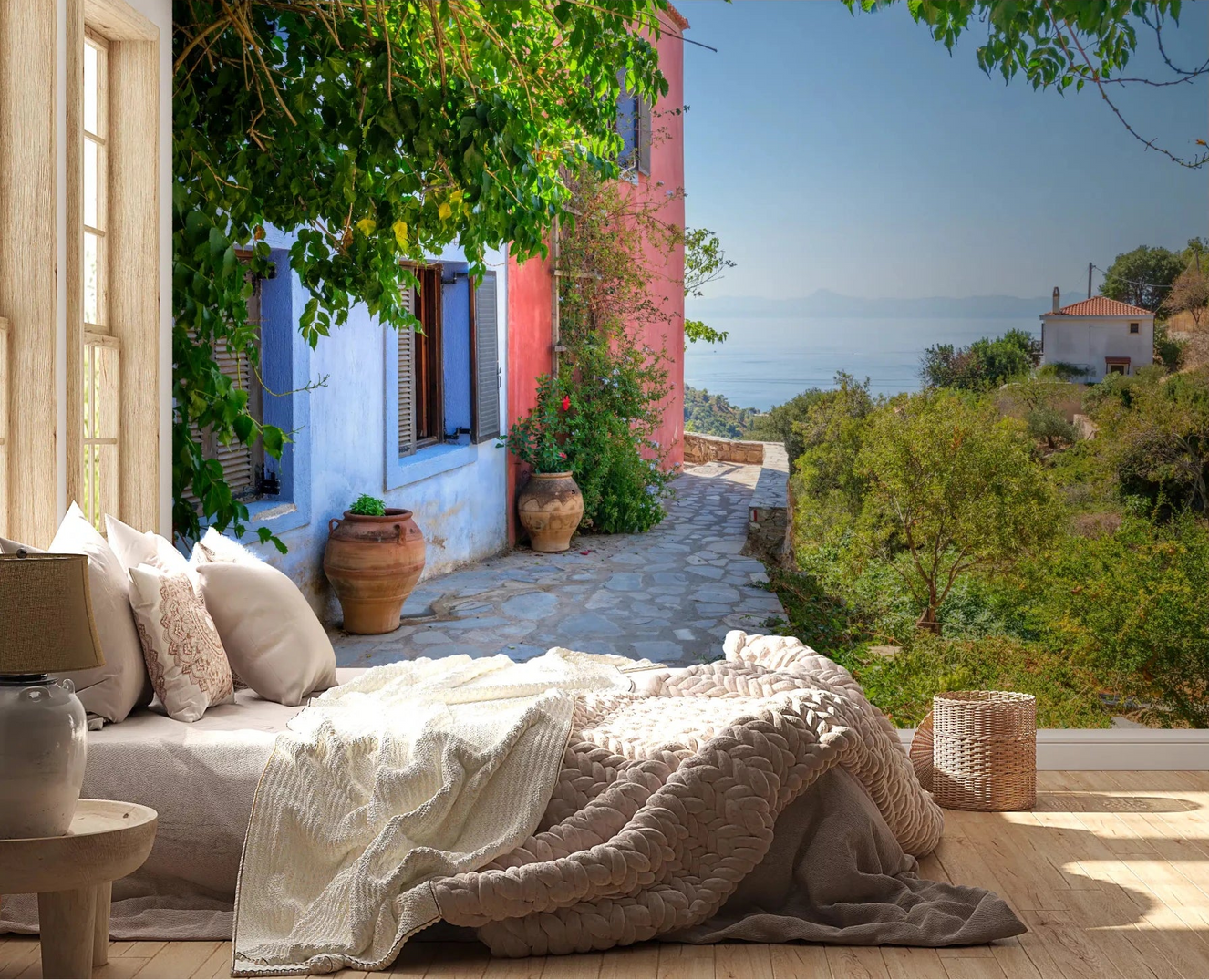 Bedroom with Coastal Path Charm Wall Mural opening to a sunny seaside path