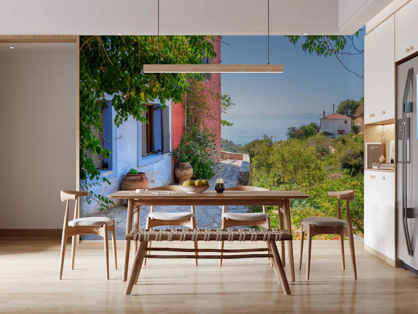 Dining room with Coastal Path Charm Wall Mural and an open coastal garden view, GD8892
