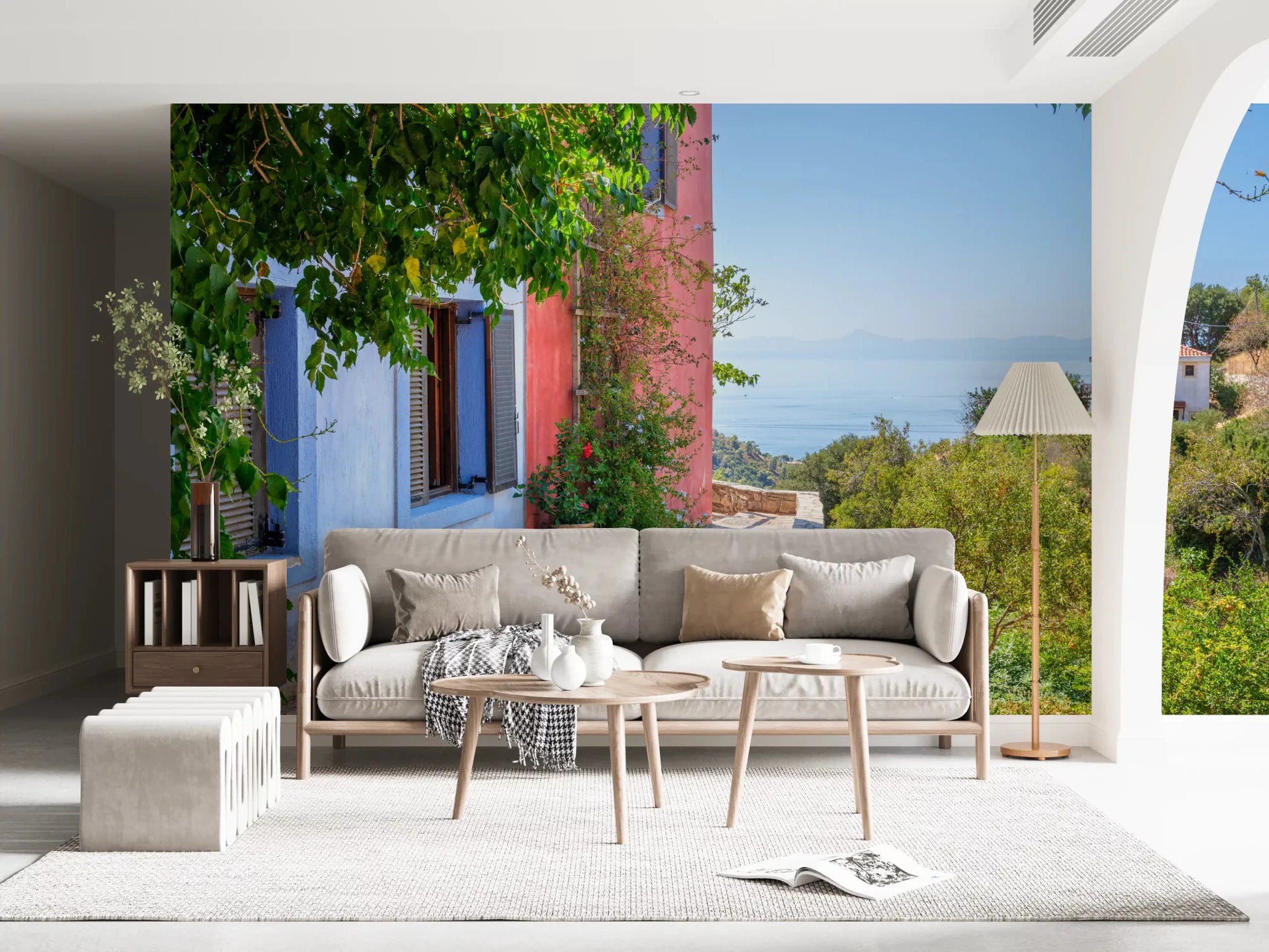 Living room featuring Coastal Path Charm Wall Mural with an airy garden view, GD8892