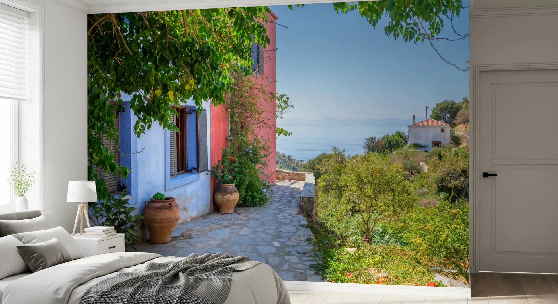 Bedroom nook with Coastal Path Charm Wall Mural beside a winding coastal path, GD8892
