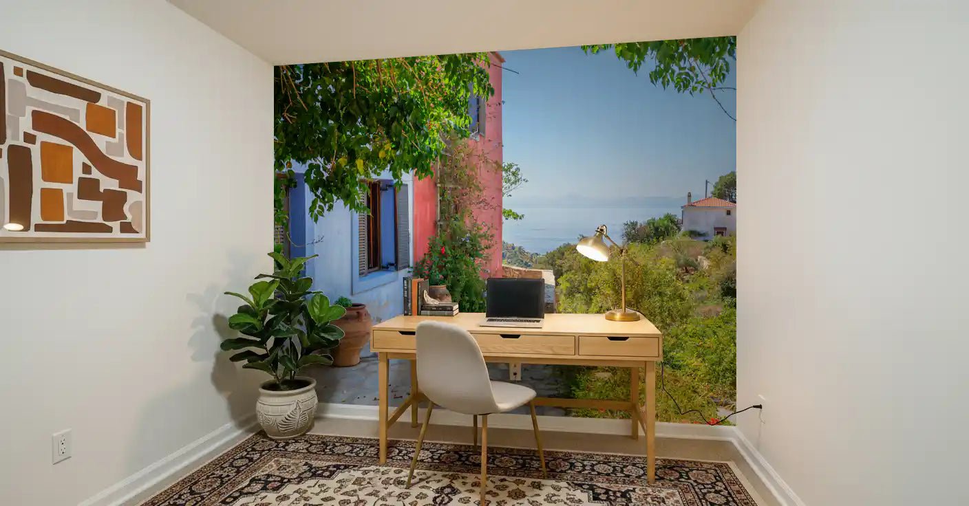 Airy Study room with Coastal Path Charm Wall Mural and a peaceful blue horizon, GD8892