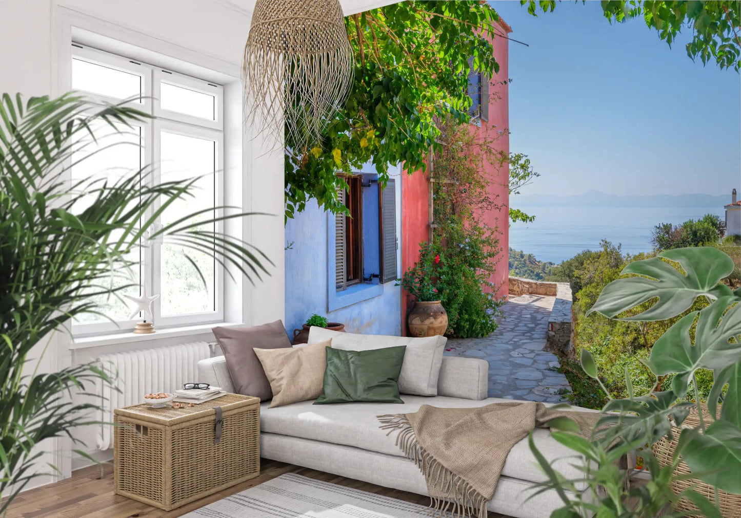 Window seat area with Coastal Path Charm Wall Mural and leafy coastal charm, GD8892