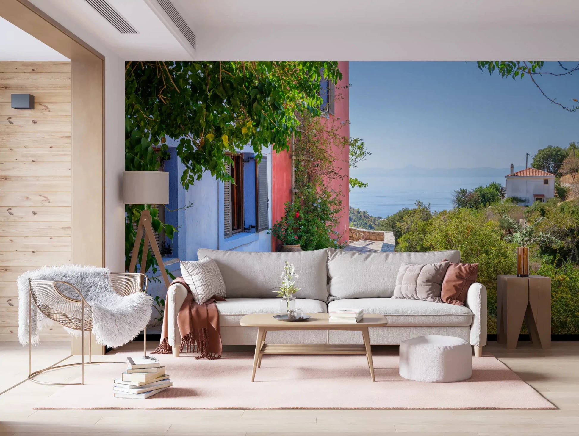 Lounge styled with Coastal Path Charm Wall Mural and a sunlit terrace scene, GD8892