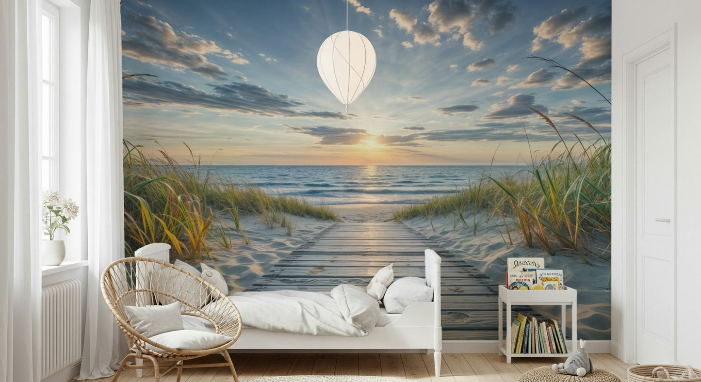 Sandy path and ocean wallpaper mural for a modern apartment lounge.