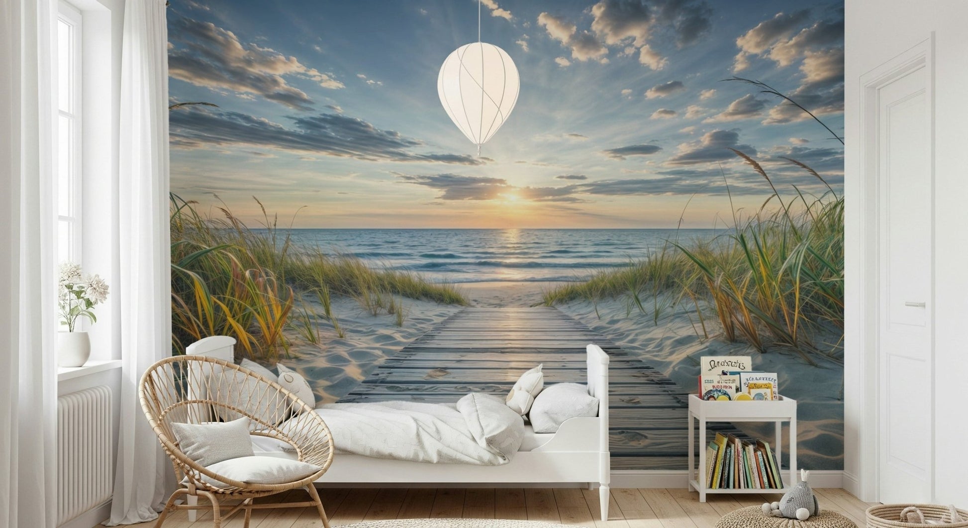 Sandy path and ocean wallpaper mural for a modern apartment lounge.