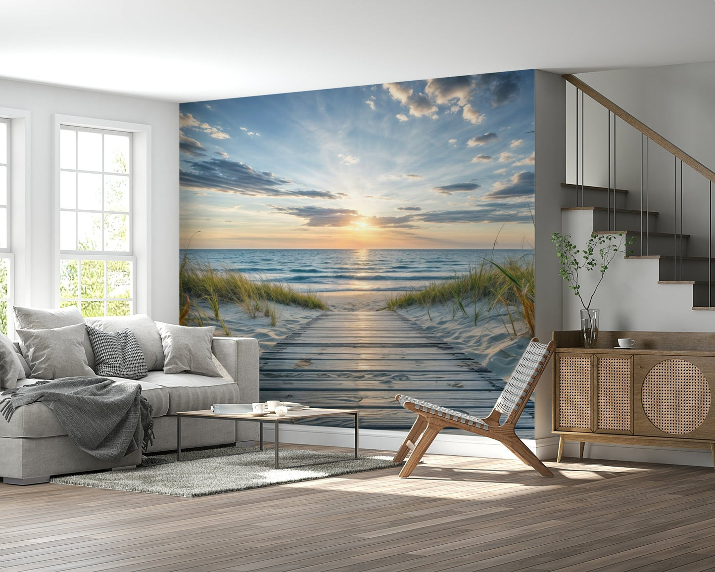 Blue water and sand dunes wallpaper mural for home décor projects.