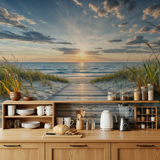 Coastal Path Serenity Wall Mural wallpaper mural in a calm living room.