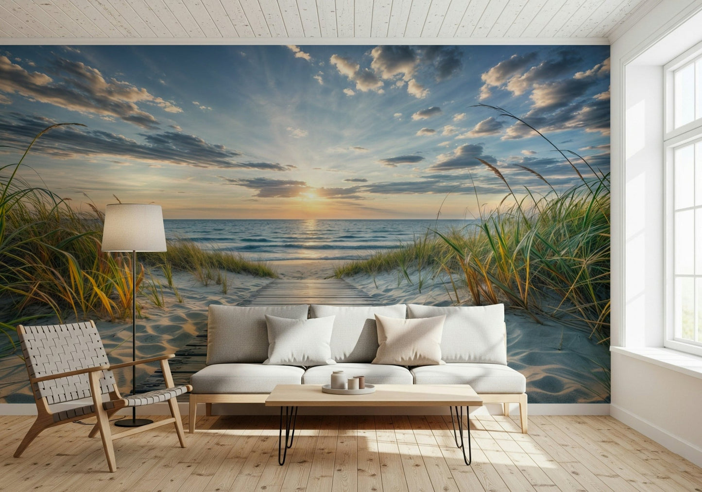 Beach path scenery wallpaper mural for a breezy bedroom feature wall.