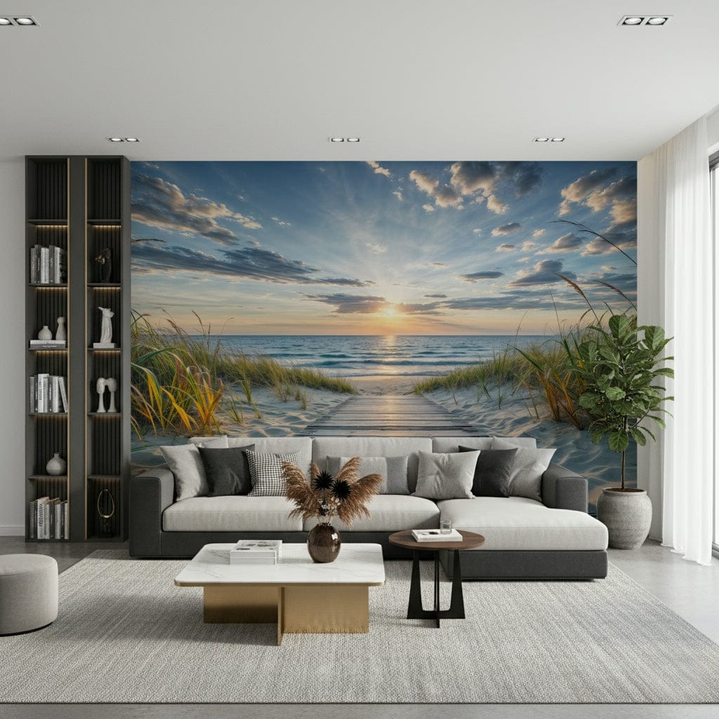 Nature inspired sea view wallpaper mural for a flat guest room.