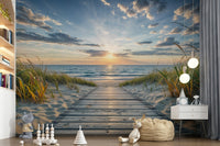 Coastal Path Serenity Wall Mural wallpaper mural with blue ocean colour.