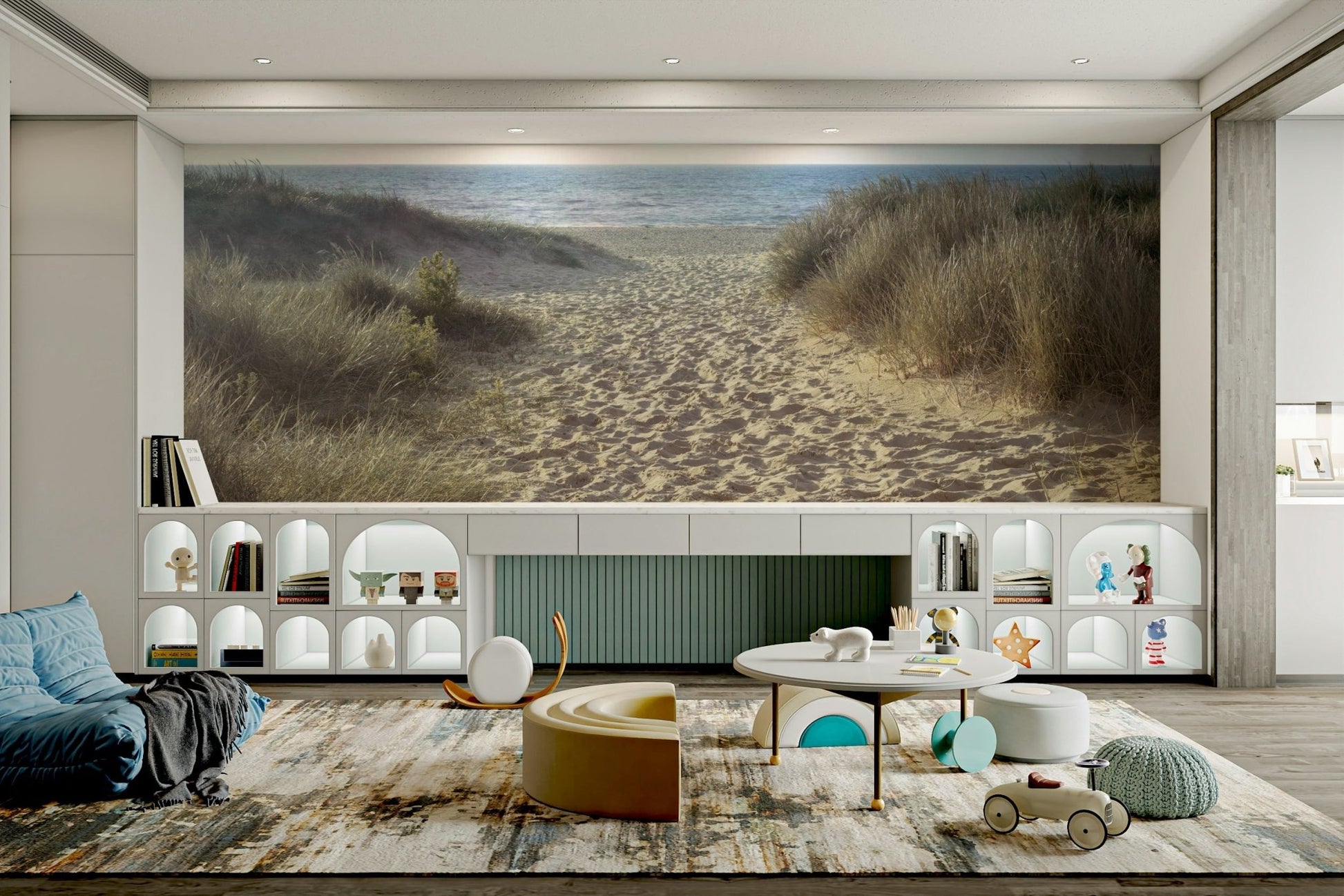 Tranquil beach walk wall mural for serene spaces

