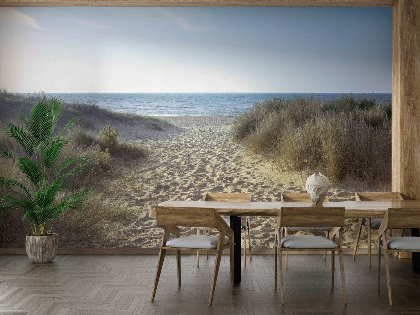 Ocean path wall mural creating peaceful interior vibes

