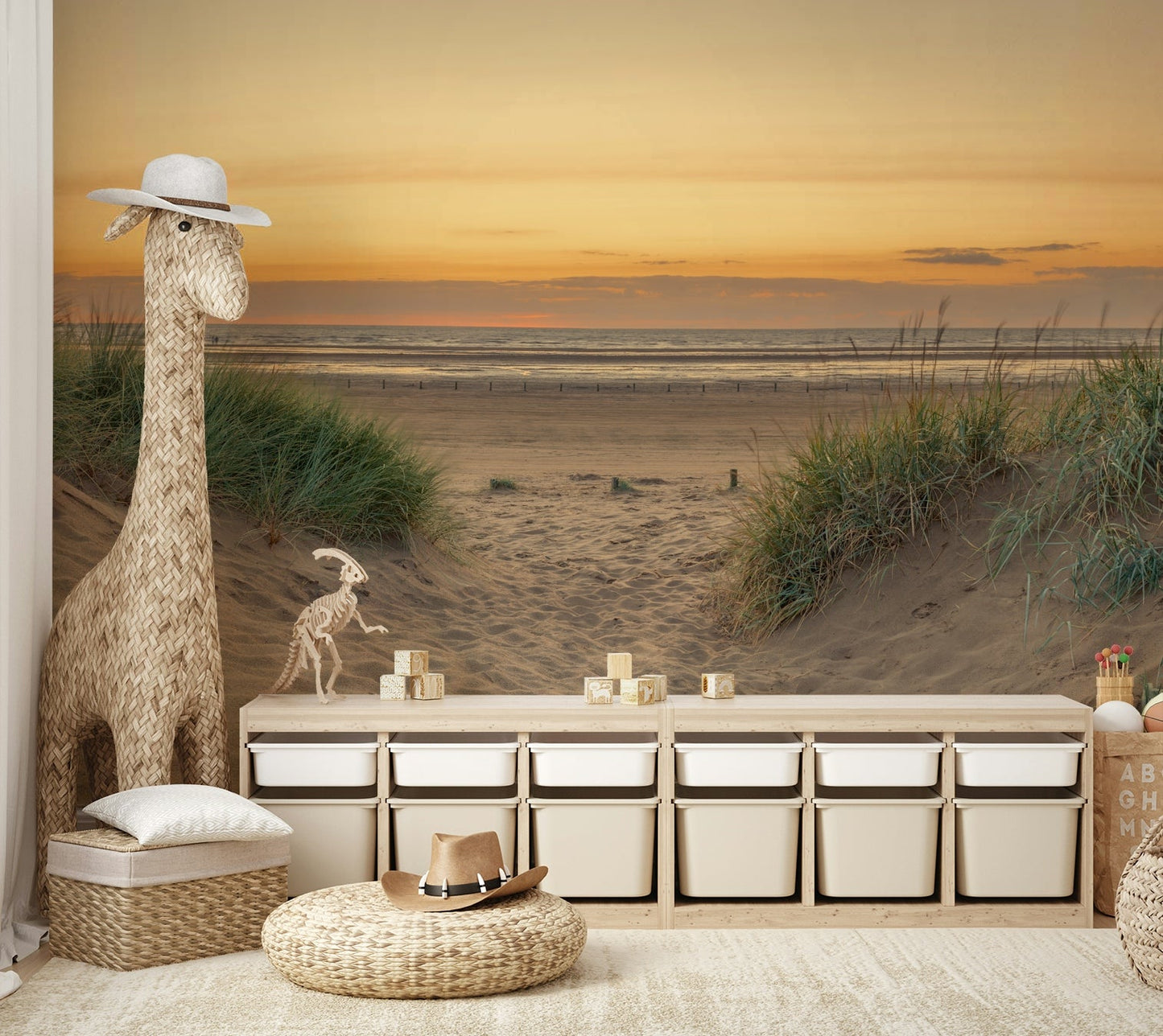 Soft-toned coastal scene wall design

