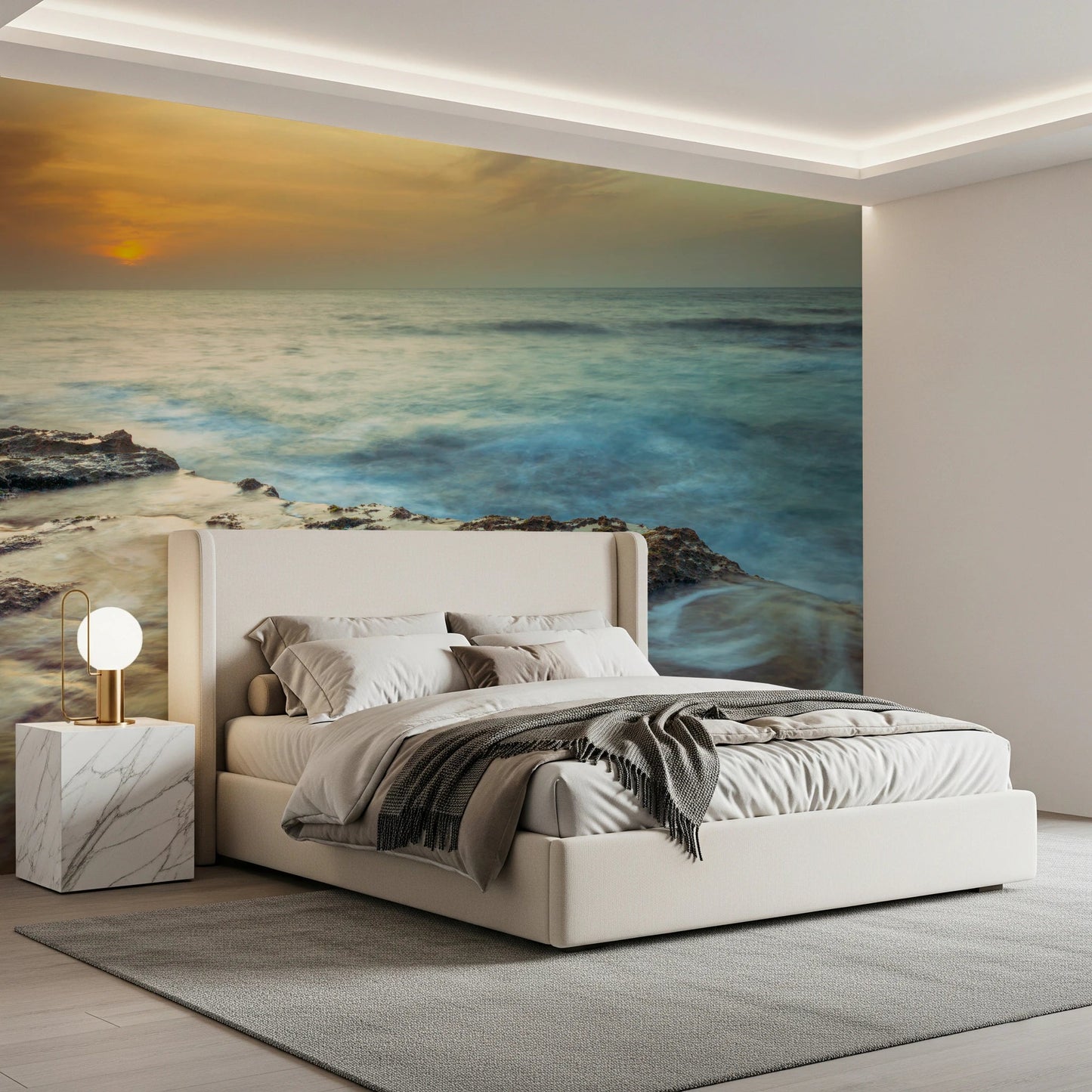 Bedroom area styled around Coastal Radiance Wall Mural with shoreline detail, GD8634
