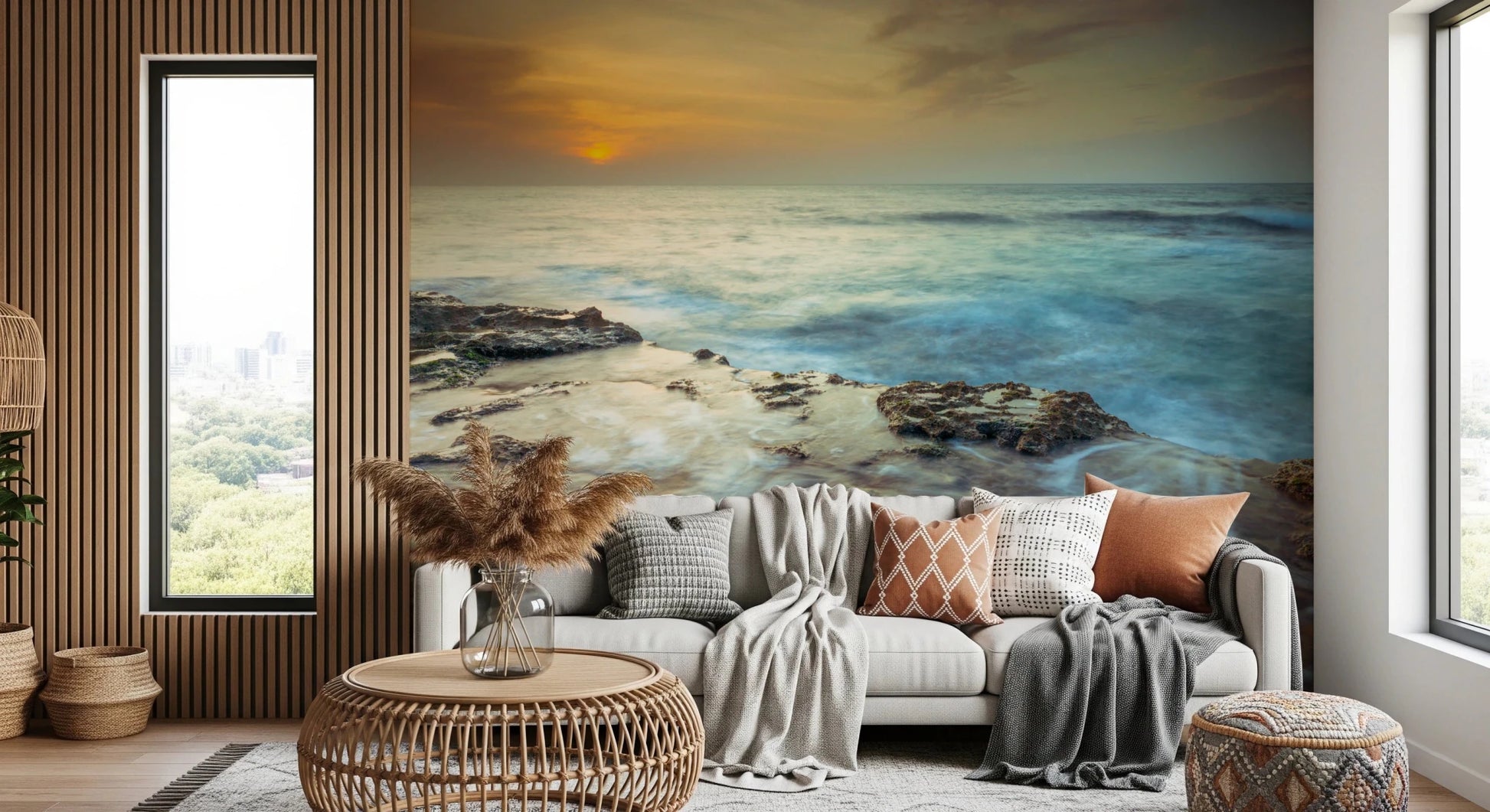 Open-plan living space highlights Coastal Radiance Wall Mural in ocean tones, GD8634