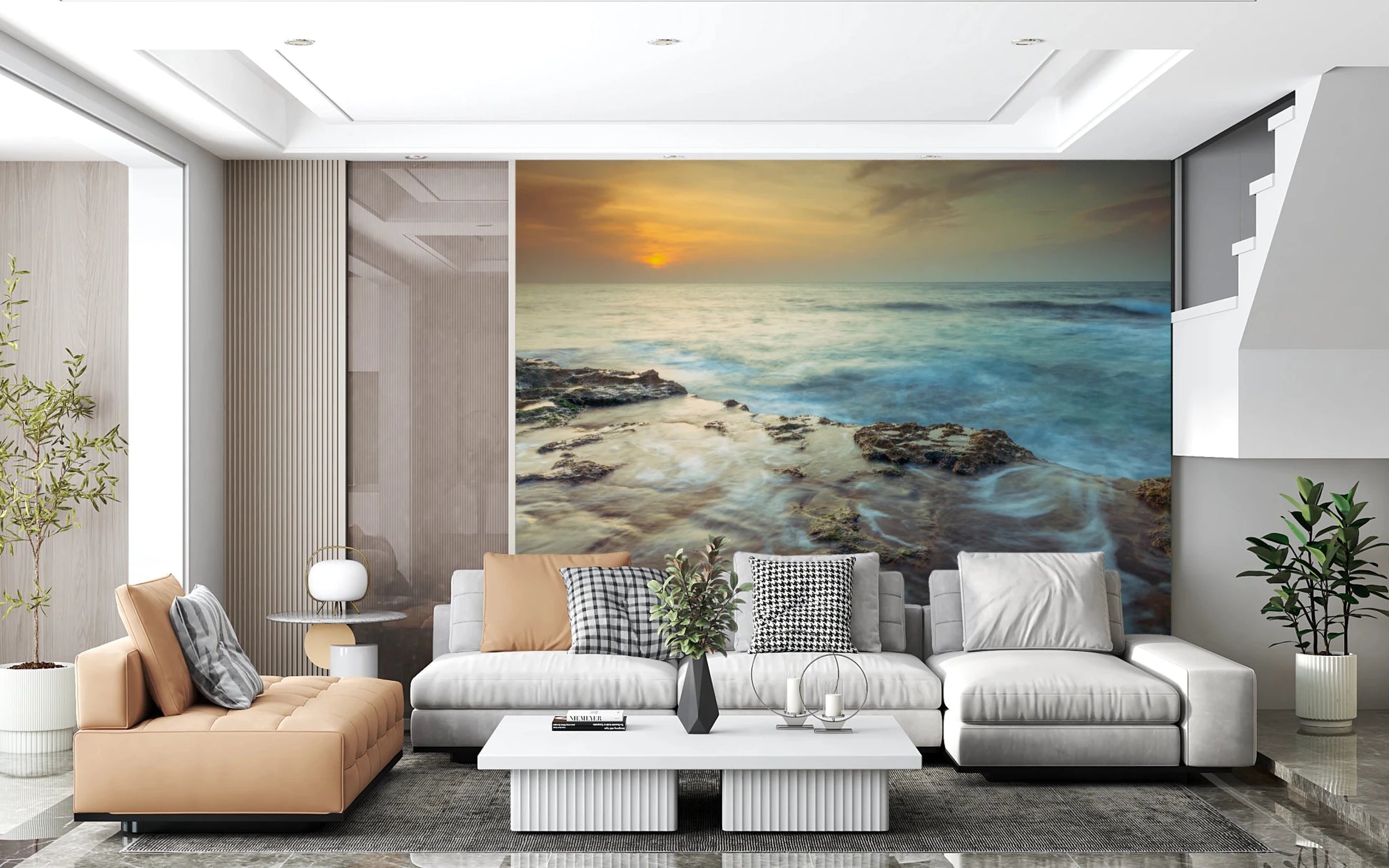 Bright lounge interior pairs with Coastal Radiance Wall Mural and flowing surf, GD8634